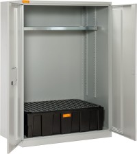 (obrázek pro) Kovová skříň na 200 l sudy 14/20 s polyethylenovou záchytnou vanou, PE rošt