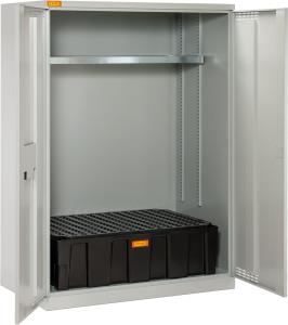 (obrázek pro) Kovová skříň na 200 l sudy 14/20 s polyethylenovou záchytnou vanou, PE rošt