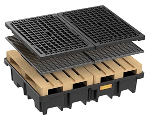 (obrázek pro) PE záchytná vana 425/4 - 2 palety napříč vedle sebe, ocel. rošt